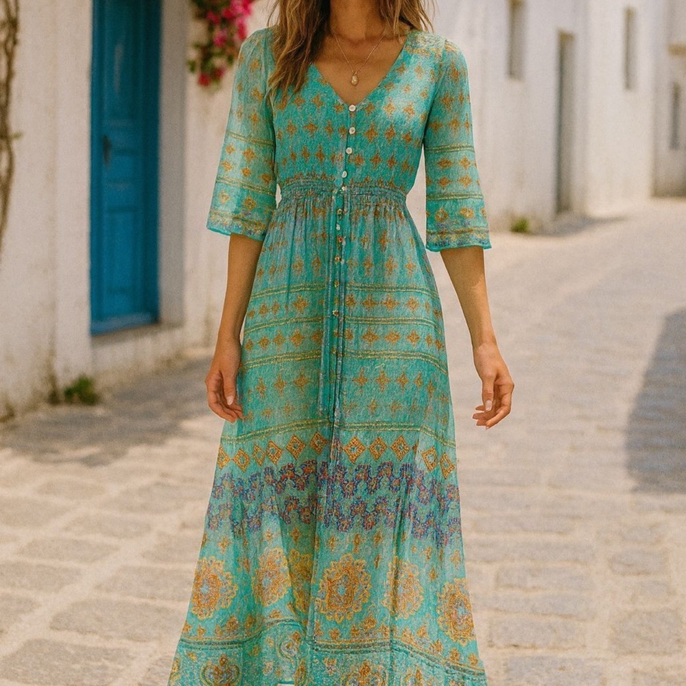 Bohemian Turquoise Floral Maxi Dress with Button Front